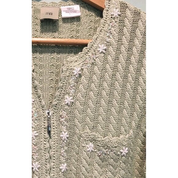 Itsu Lt Green Beaded Silk Blend Cableknit Zip Up Cardigan Sweater Sz L Pockets - Picture 5 of 7